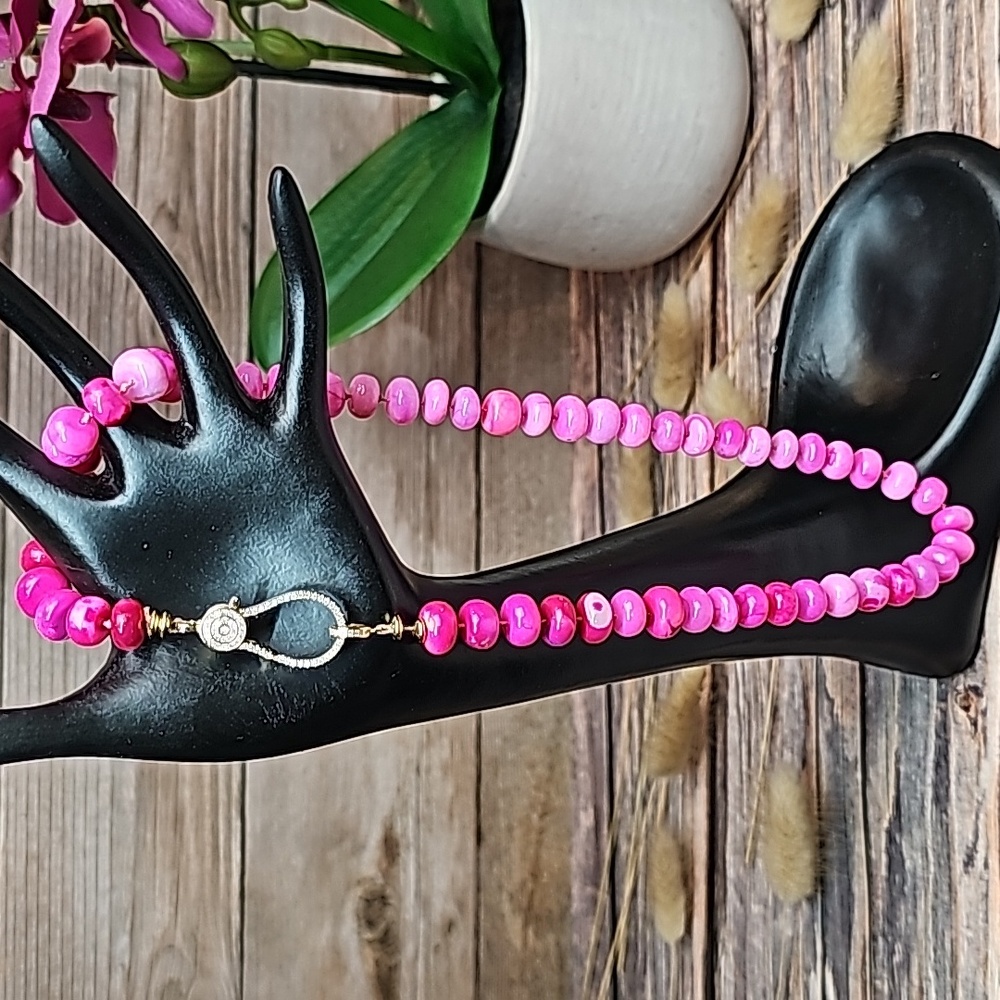 GENUINE RARE HANDSTRUNG BRIGHT PINK OPAL & DIAMOND PAVE 18" NECKLACE